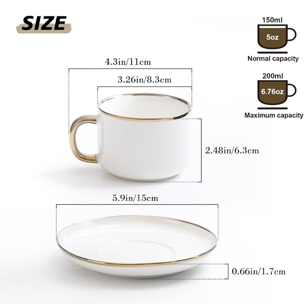 Elegant White Porcelain Teacup and Saucer Set with Gold Trim - Home Dining - Picture 2 of 8